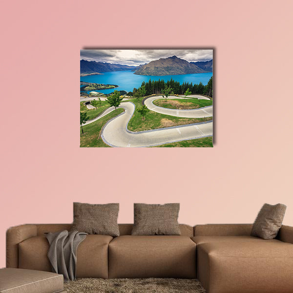 Luge track with beautiful lake and mountain at Skyline, Queenstown, New Zealand multi panel canvas wall art