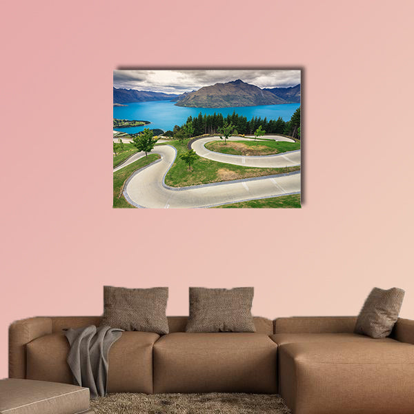 Luge track with beautiful lake and mountain at Skyline, Queenstown, wall art