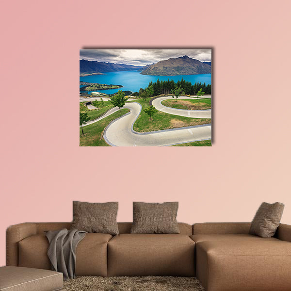 Luge track with beautiful lake and mountain at Skyline, canvas wall art