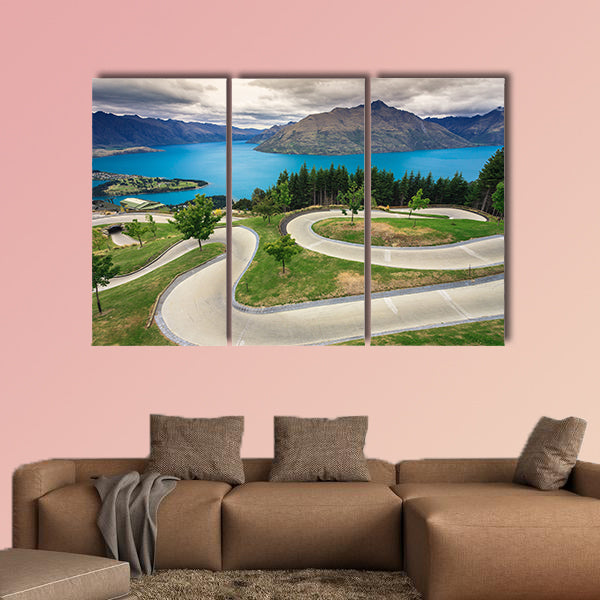 Luge track with beautiful lake and mountain at Skyline, Queenstown, New Zealand multi panel canvas wall art