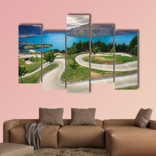 Luge track with beautiful lake and mountain at Skyline, Queenstown, New Zealand multi panel canvas wall art