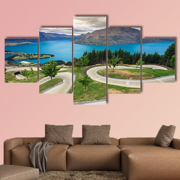 Luge track with beautiful lake and mountain at Skyline, Queenstown, New Zealand multi panel canvas wall art