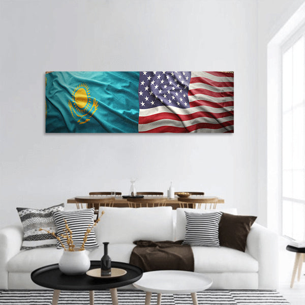 Waving Kazakh and American flags of political map of world panoramic canvas wall art