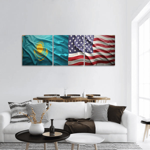 Waving Kazakh and American flags of political map of world panoramic canvas wall art