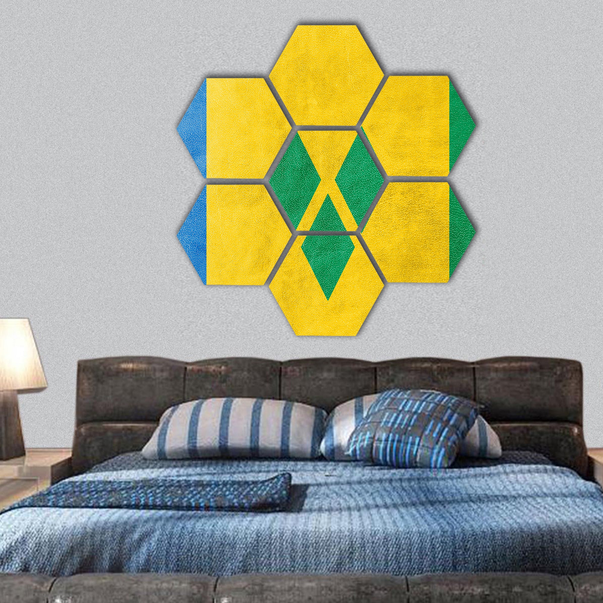 Saint Vincent and Grenadines Flag painted on leather texture hexagonal canvas wall art