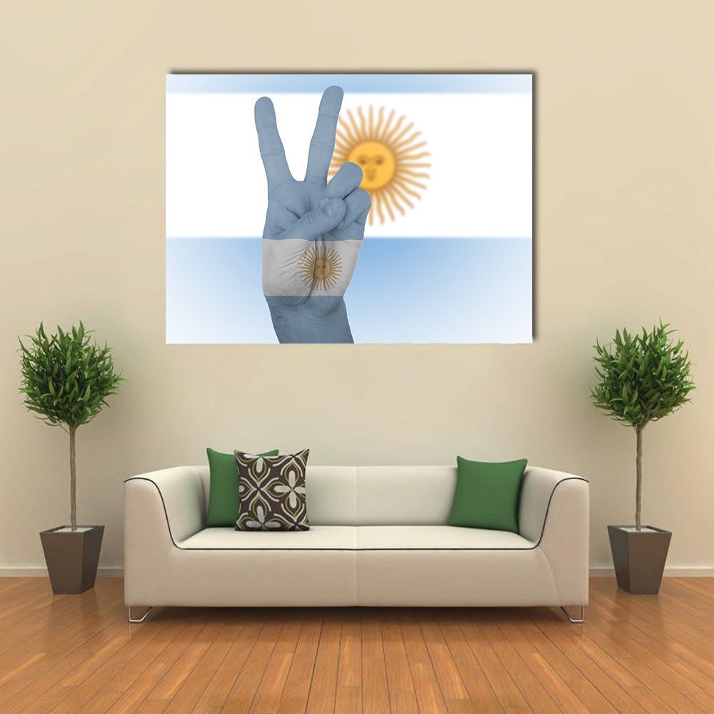 Flag Of Argentina Wrapped In Hand Peace Sign Multi Panel Canvas Wall Art