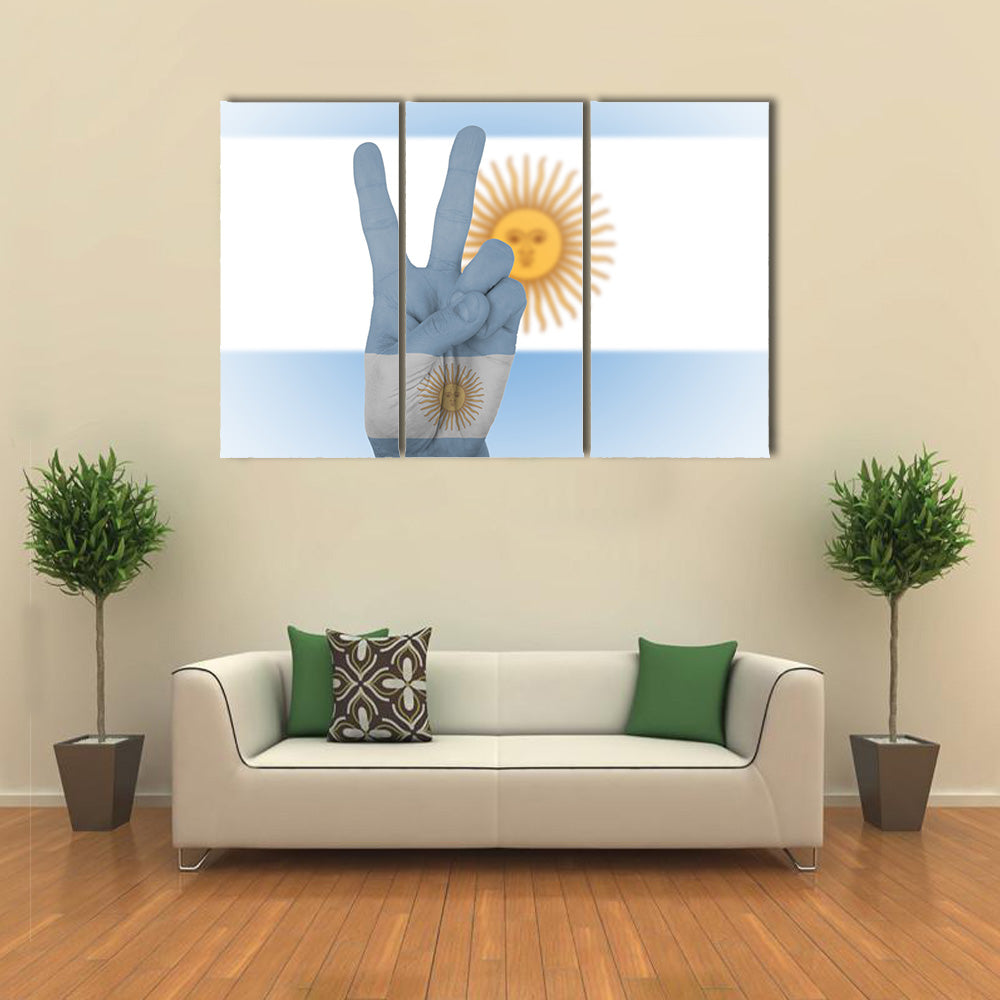 Flag Of Argentina Wrapped In Hand Peace Sign Multi Panel Canvas Wall Art