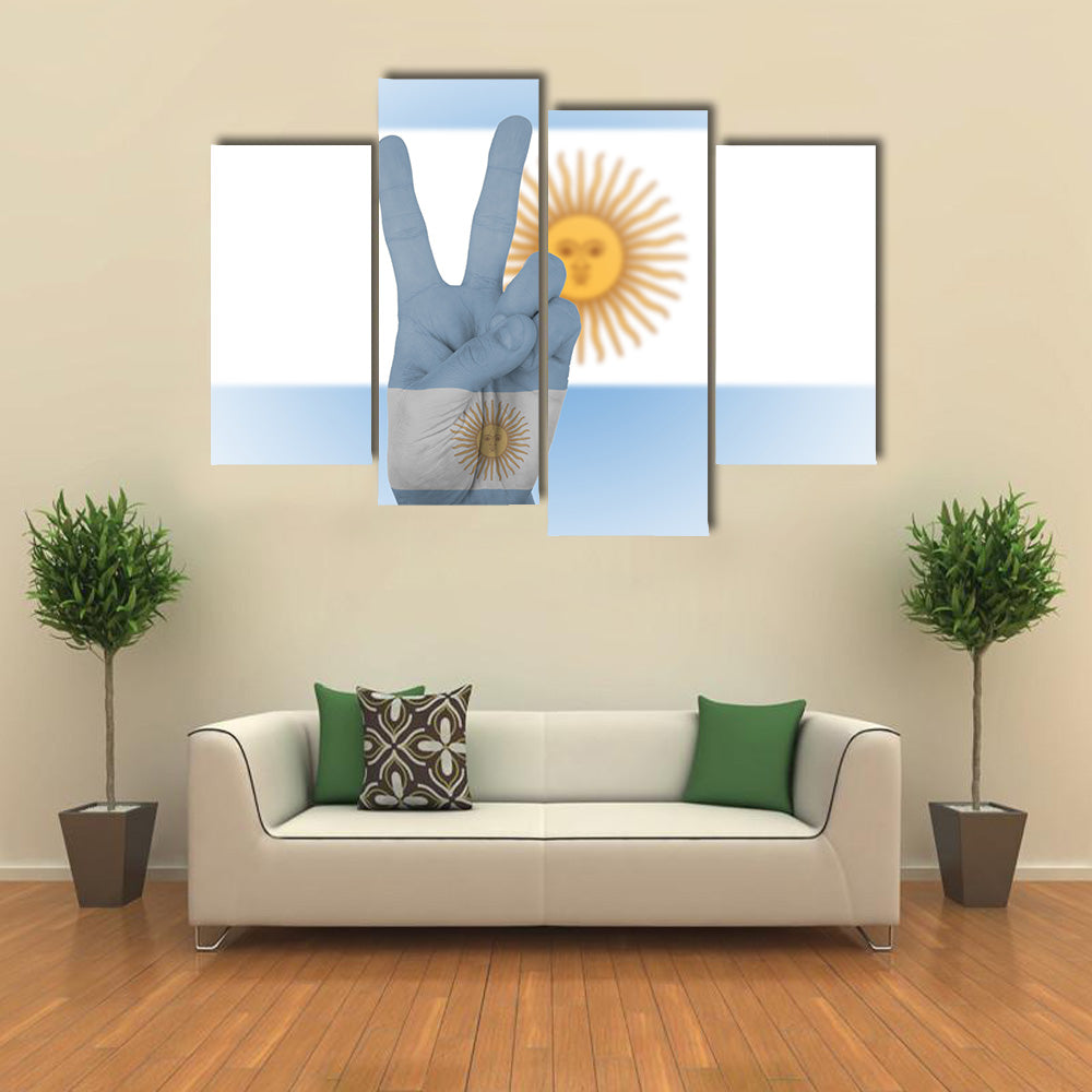 Flag Of Argentina Wrapped In Hand Peace Sign Multi Panel Canvas Wall Art