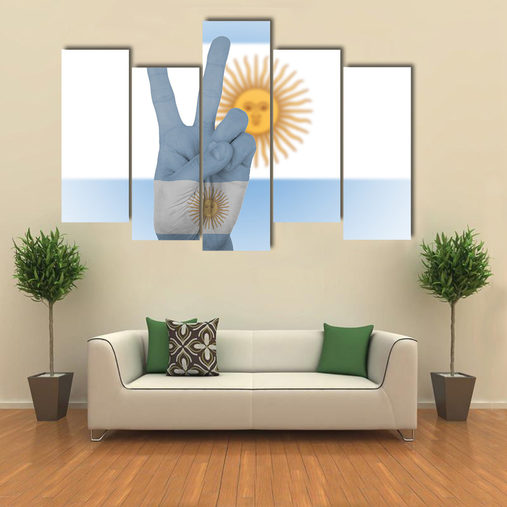 Flag Of Argentina Wrapped In Hand Peace Sign Multi Panel Canvas Wall Art