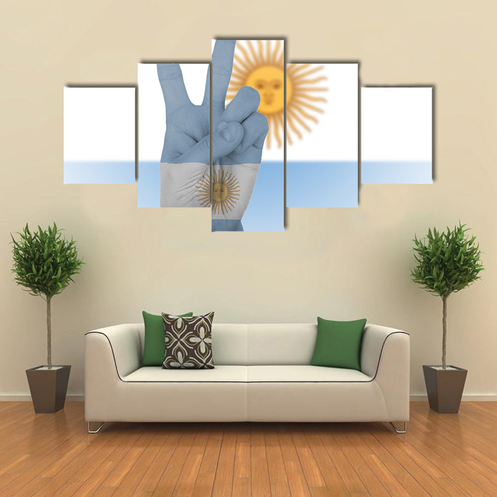 Flag Of Argentina Wrapped In Hand Peace Sign Multi Panel Canvas Wall Art