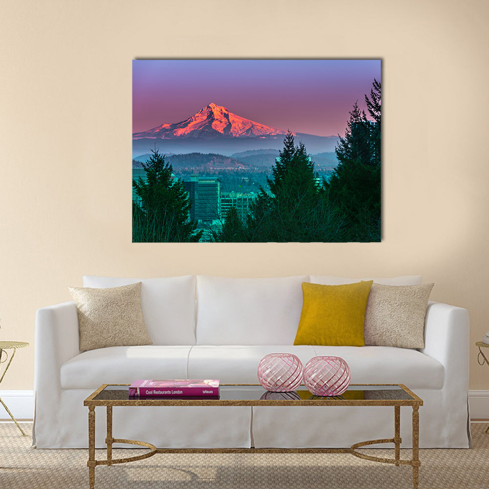 Mt Hood at Sunset with Portland City Centre multi panel canvas wall art