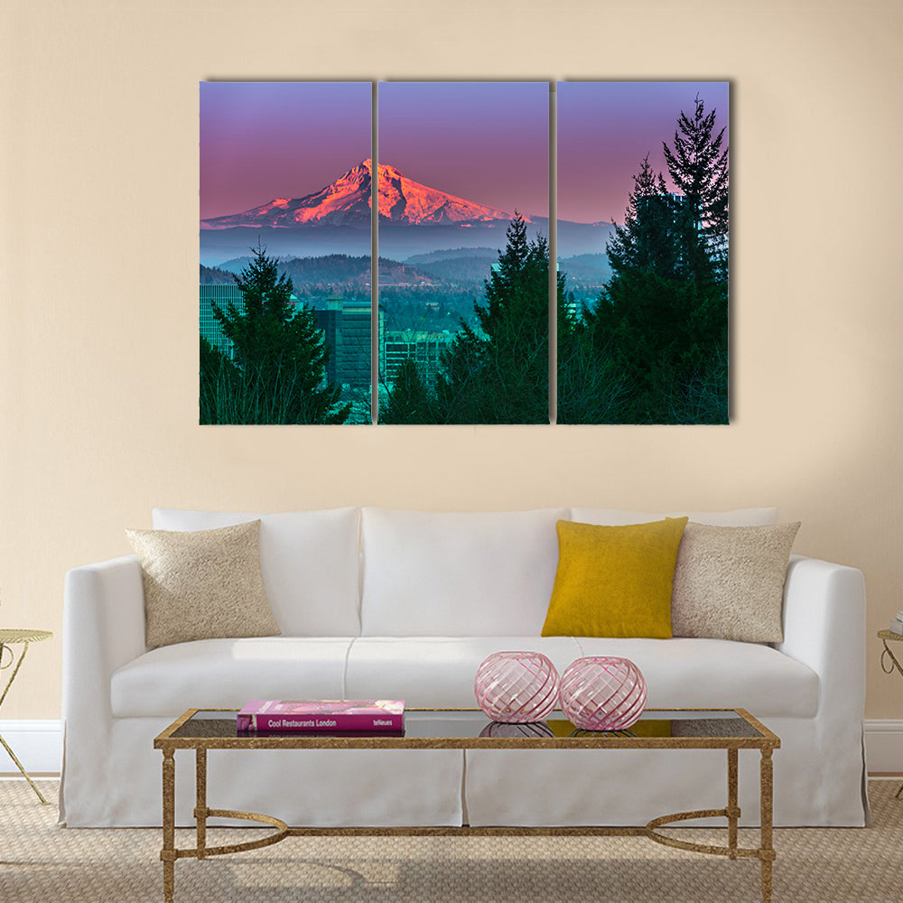 Mt Hood at Sunset with Portland City Centre multi panel canvas wall art
