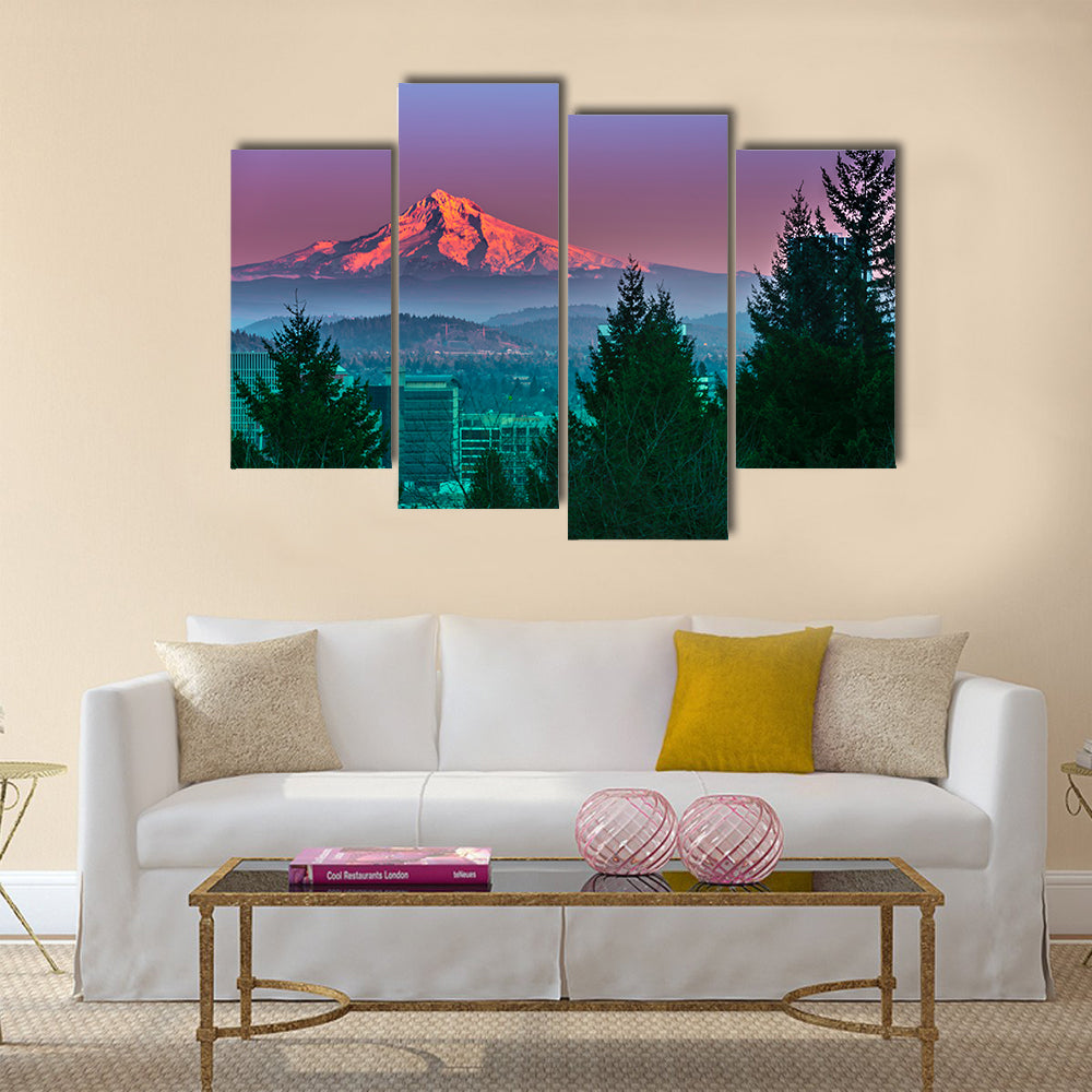 Mt Hood at Sunset with Portland City Centre multi panel canvas wall art