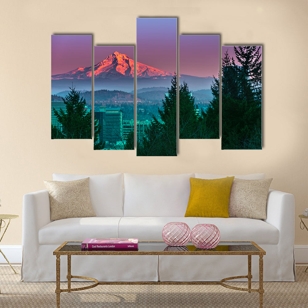 Mt Hood at Sunset with Portland City Centre multi panel canvas wall art