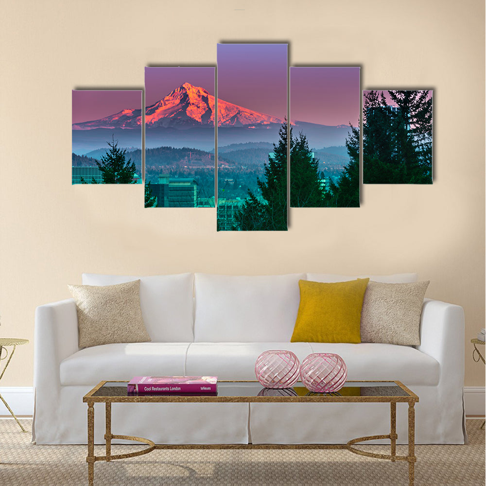 Mt Hood at Sunset with Portland City Centre multi panel canvas wall art