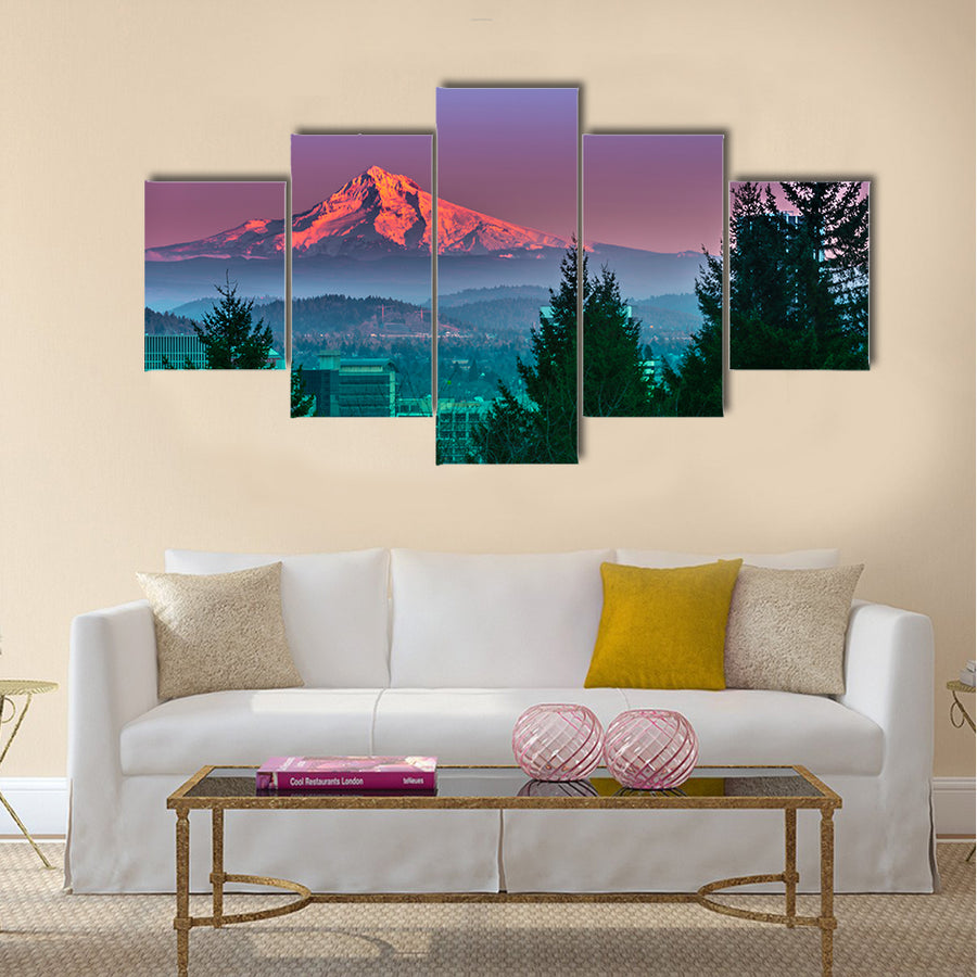 Mt Hood at Sunset with Portland City Centre multi panel canvas wall art
