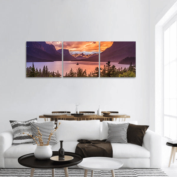 Beautiful sunset at St Mary Lake in Glacier national park panoramic canvas wall art