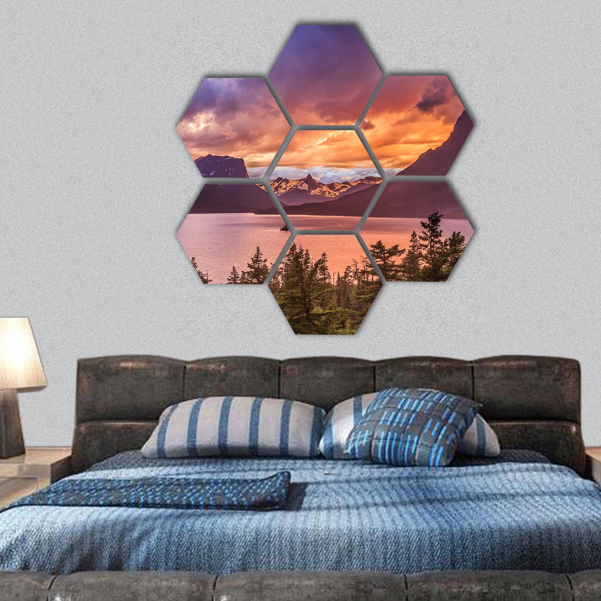Sunset at St Mary Lake in Glacier national park hexagonal canvas wall art