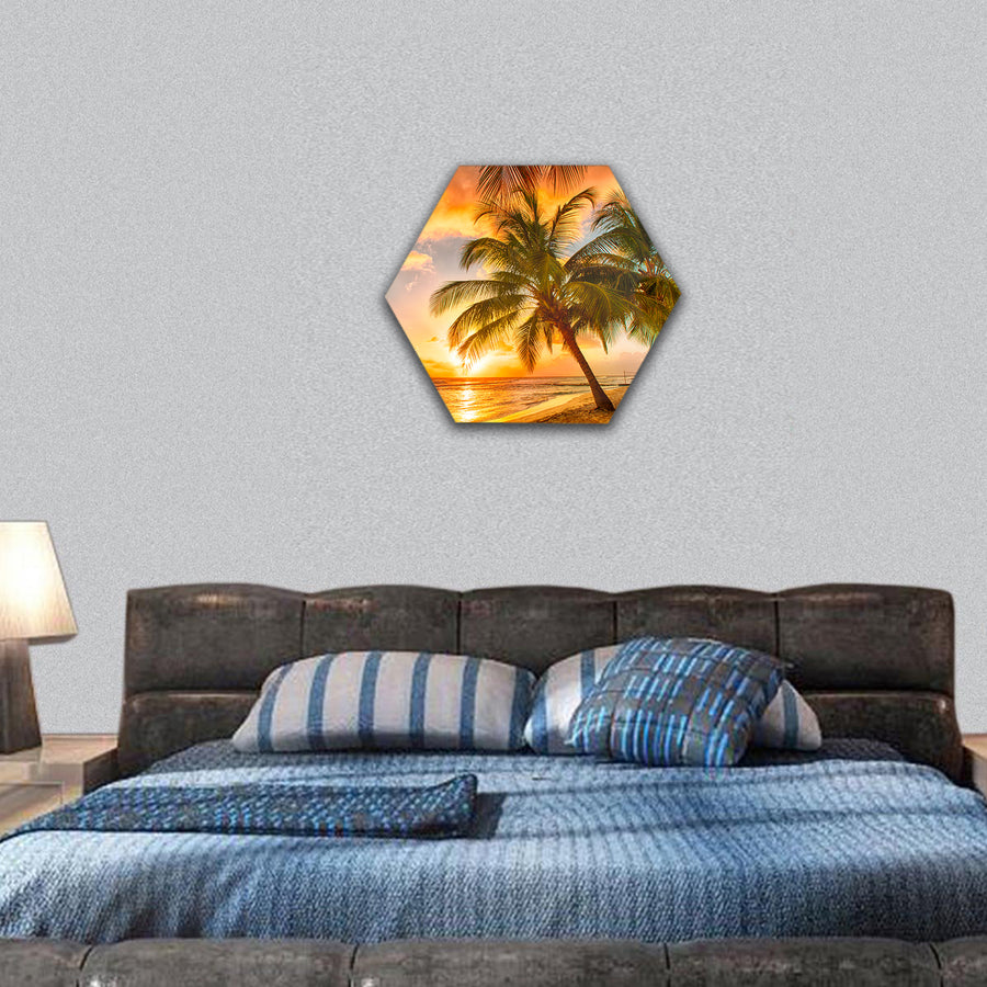 palms on white beach on a Caribbean island of Barbados hexagonal canvas wall art