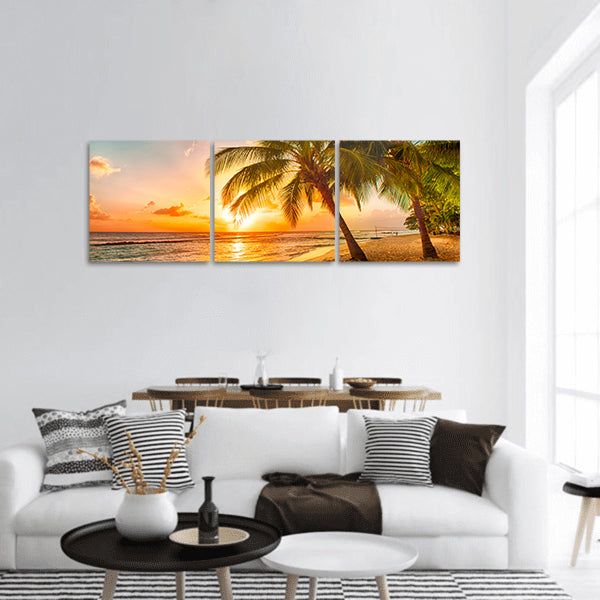 Sunset over sea with palms, Caribbean island of Barbados panoramic canvas wall art