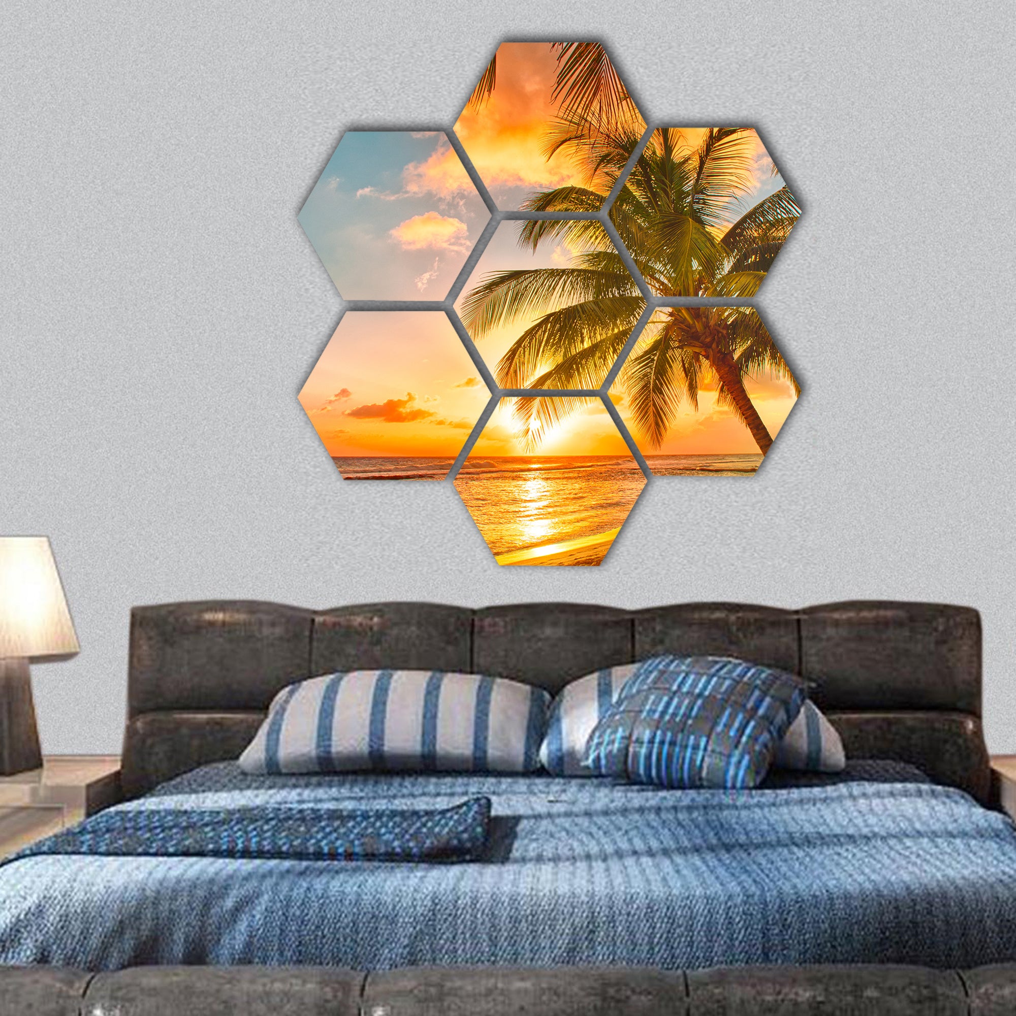 palms on white beach on a Caribbean island of Barbados hexagonal canvas wall art