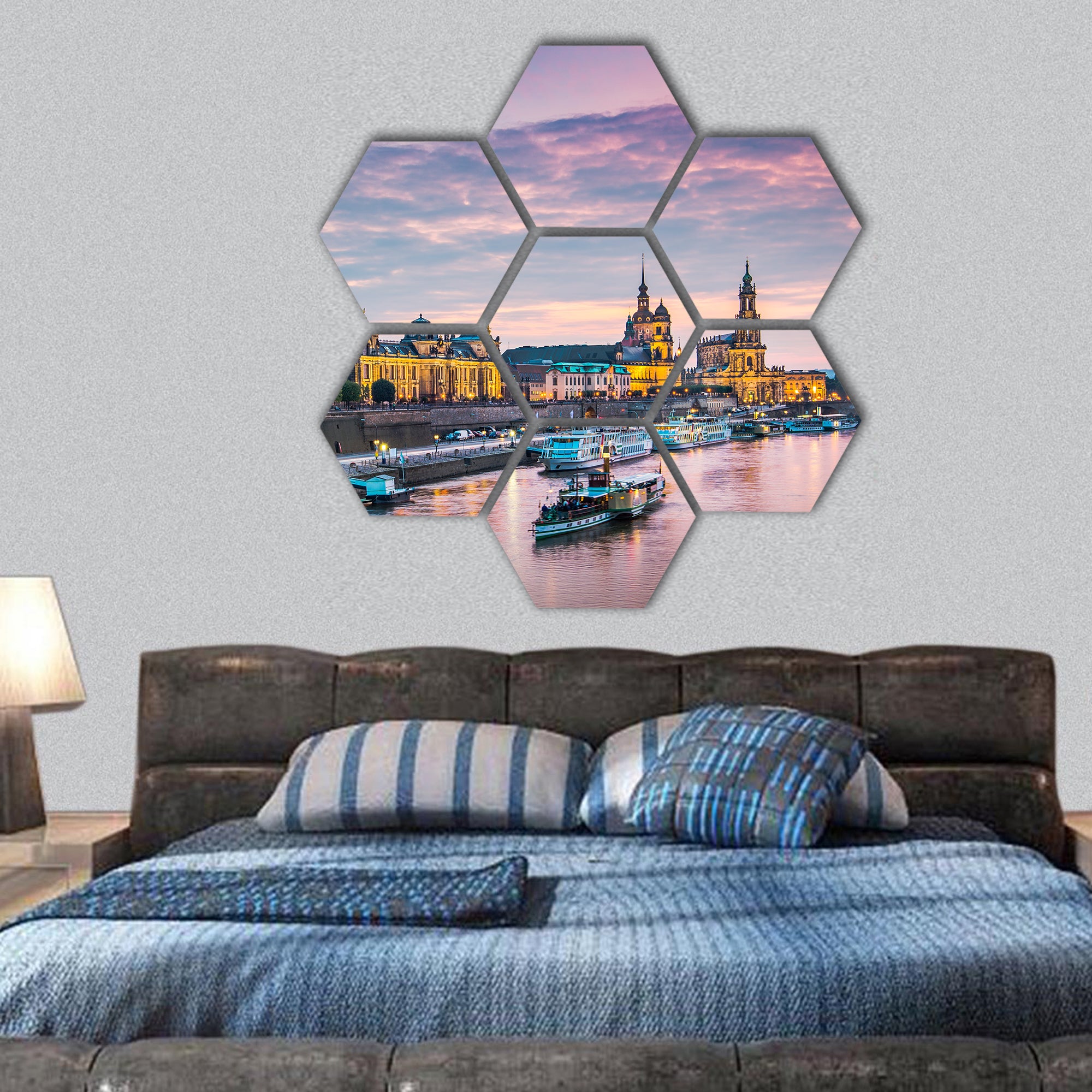 Dresden, Germany above the Elbe River hexagonal canvas wall art