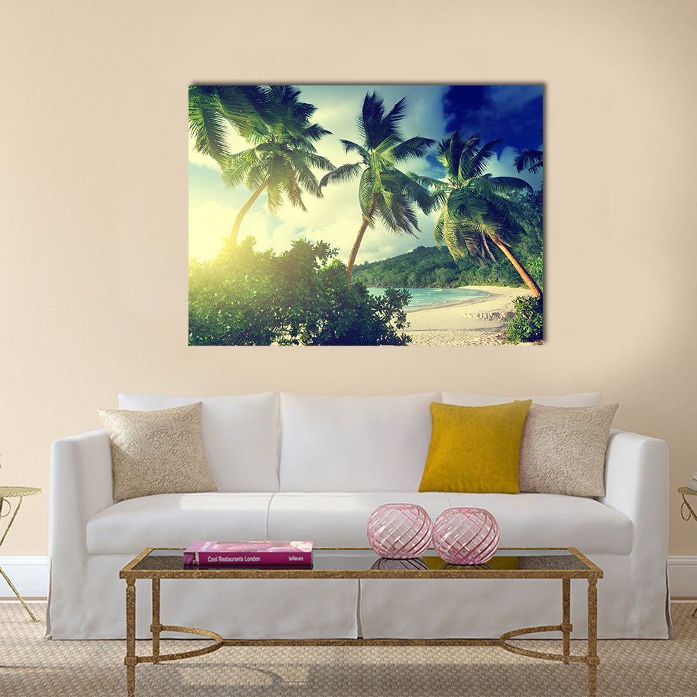 Sunset on the beach Takamaka, Mahe island, Seychelles Multi panel canvas wall art