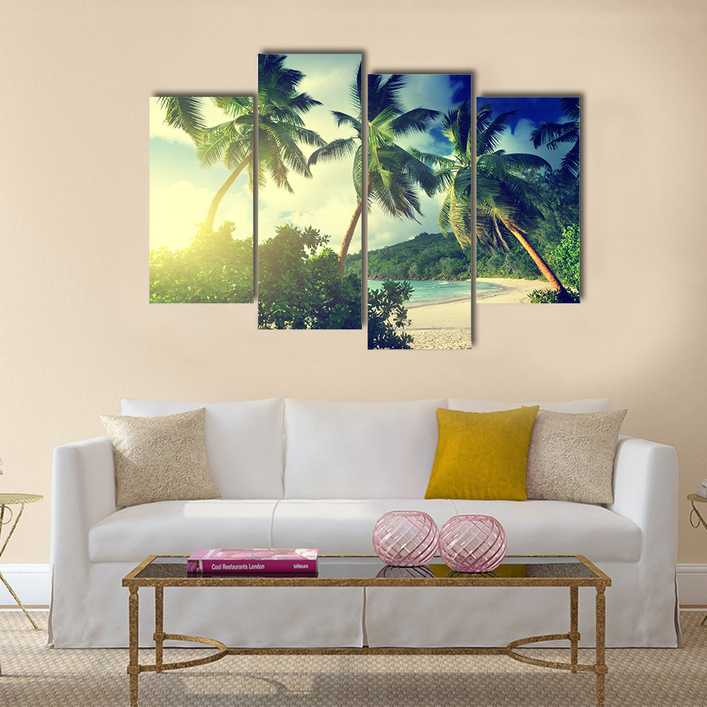 Sunset on the beach Takamaka, Mahe island, Seychelles Multi panel canvas wall art