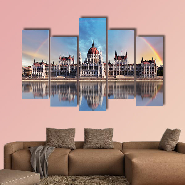 Parliament with reflection in Danube multi panel canvas wall art