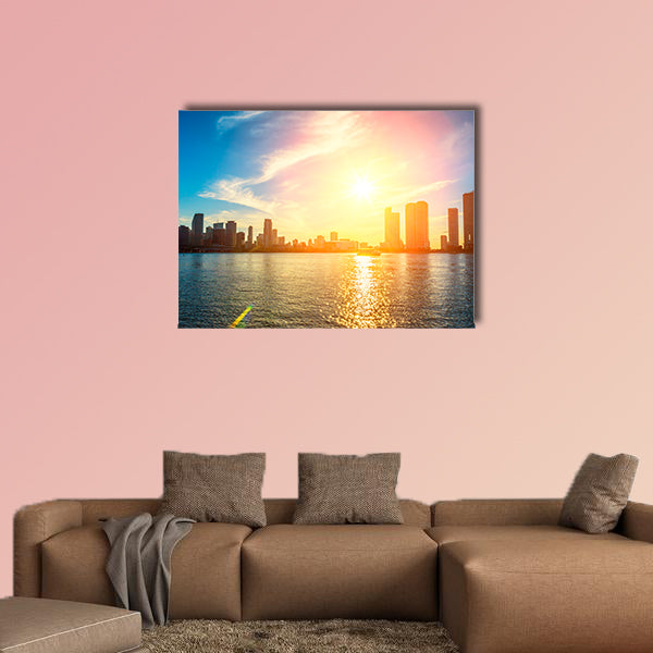 Miami Florida, sunset with colorful illuminated business wall art