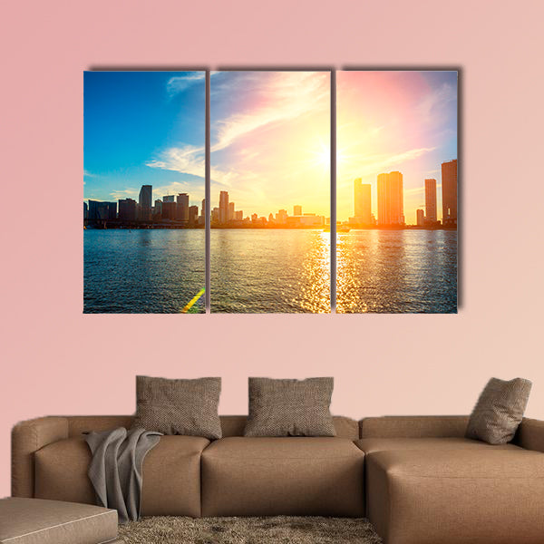 Miami Florida, sunset with colorful illuminated business wall art