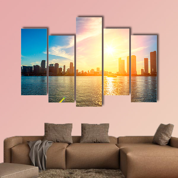 Miami Florida, sunset with colorful illuminated business wall art