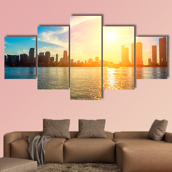 Miami Florida, sunset with colorful illuminated business wall art