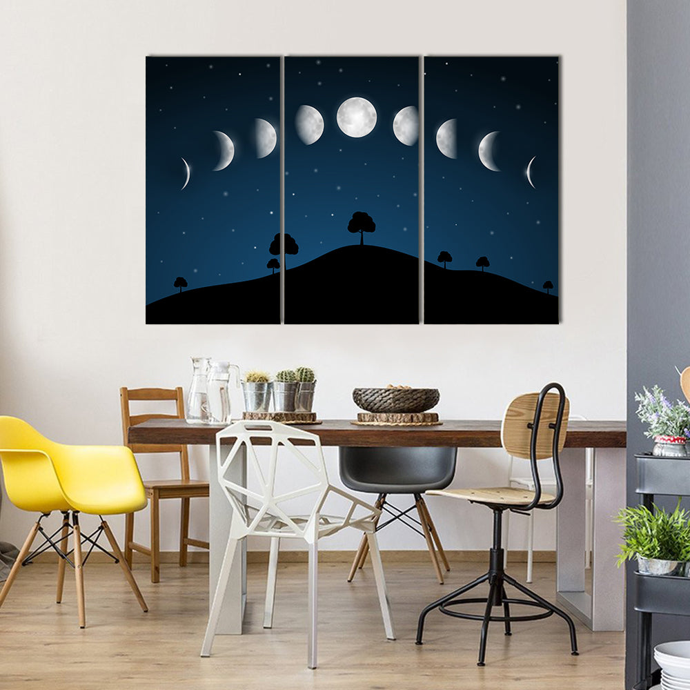 Phases Of Moon With Night Landscape Multi Panel Canvas Wall Art