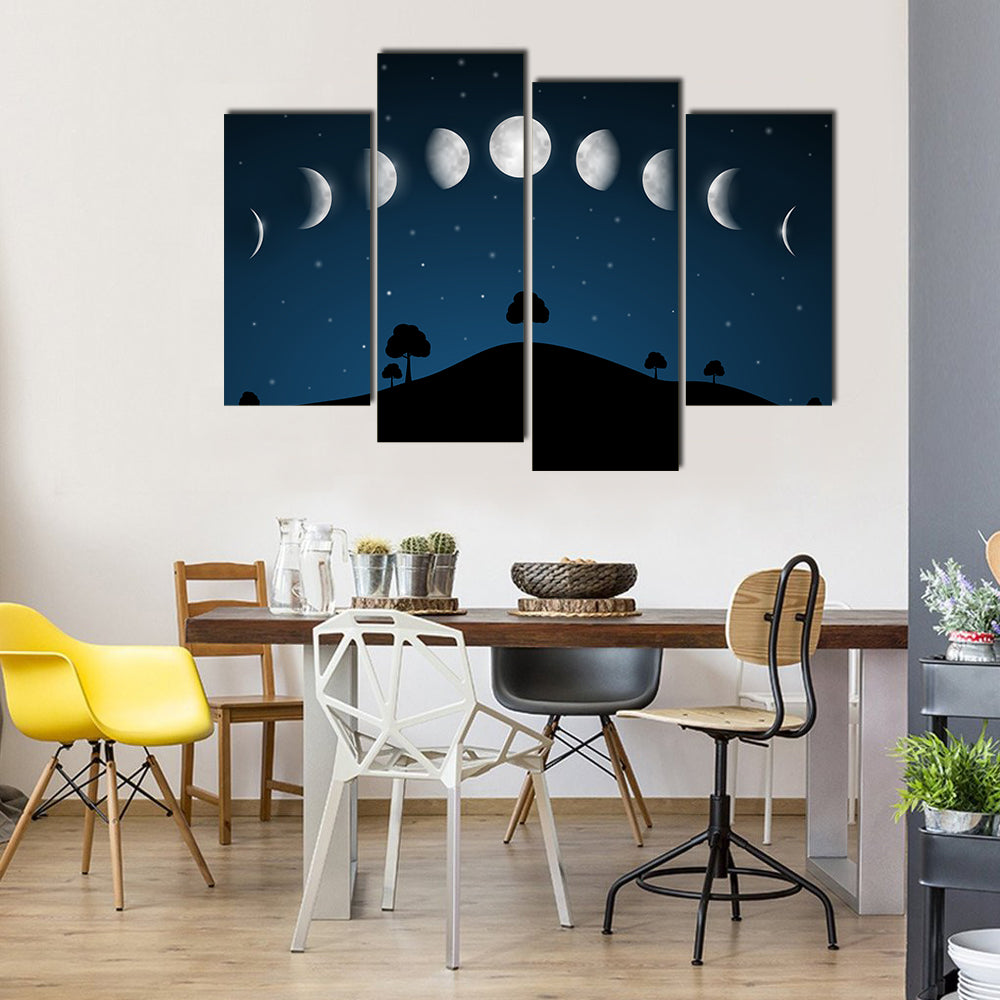 Phases Of Moon With Night Landscape Multi Panel Canvas Wall Art