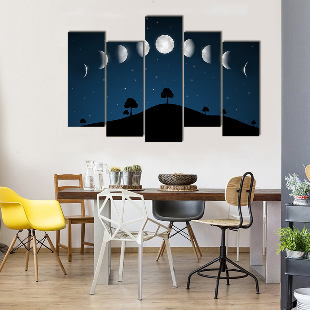 Phases Of Moon With Night Landscape Multi Panel Canvas Wall Art