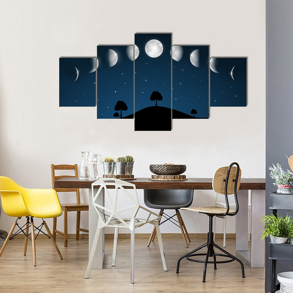 Phases Of Moon With Night Landscape Multi Panel Canvas Wall Art