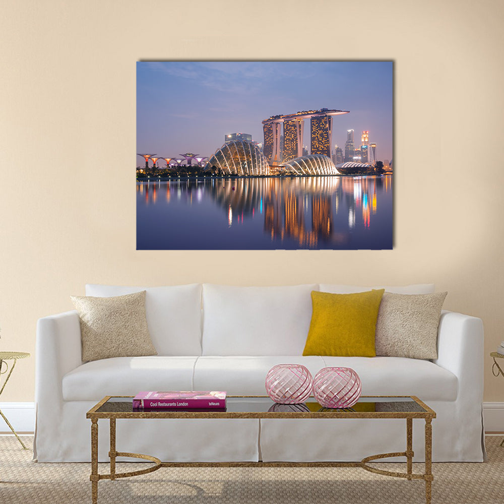 Night view of Singapore skyline, including Gardens supertree Grove, Cloud Forest Marina Bay Sands Multi panel canvas wall art