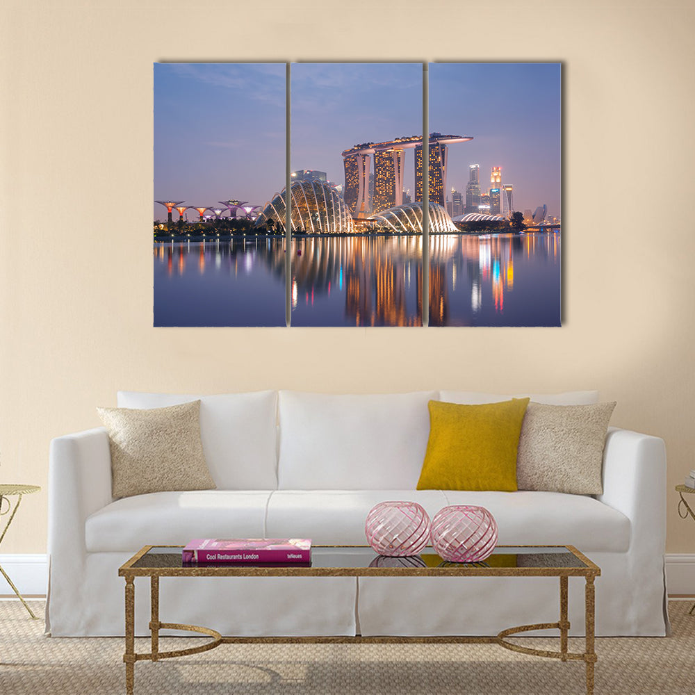 Night view of Singapore skyline, including Gardens supertree Grove, Cloud Forest Marina Bay Sands Multi panel canvas wall art