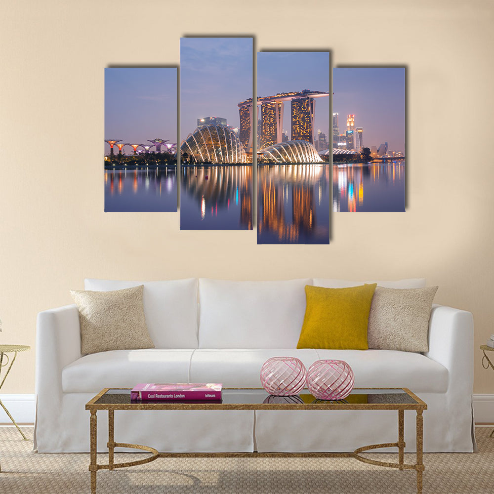 Night view of Singapore skyline, including Gardens supertree Grove, Cloud Forest Marina Bay Sands Multi panel canvas wall art