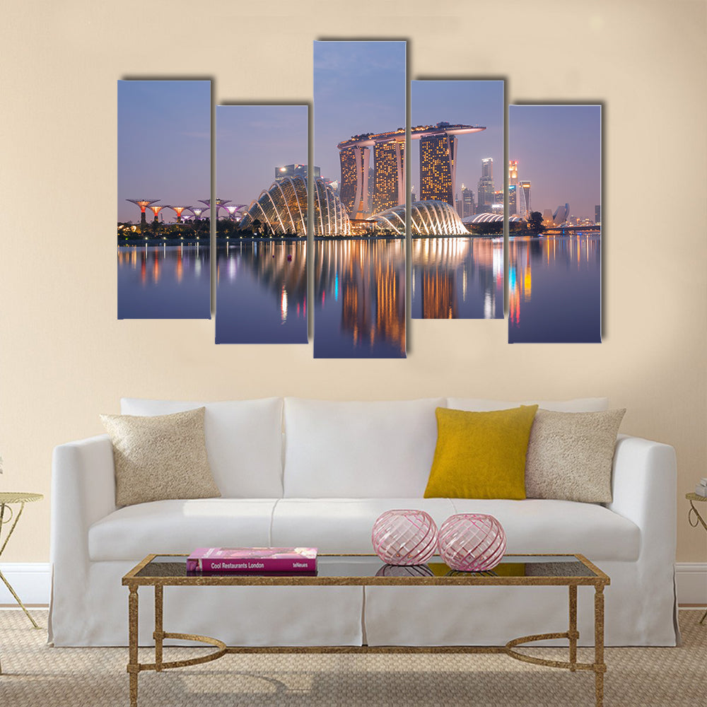 Night view of Singapore skyline, including Gardens supertree Grove, Cloud Forest Marina Bay Sands Multi panel canvas wall art