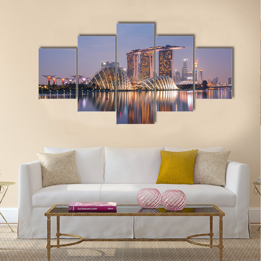 Night view of Singapore skyline, including Gardens supertree Grove, Cloud Forest Marina Bay Sands Multi panel canvas wall art