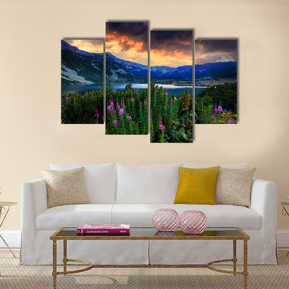 Bulgarian circus lake in Rila mountain, sunset Multi panel canvas wall art
