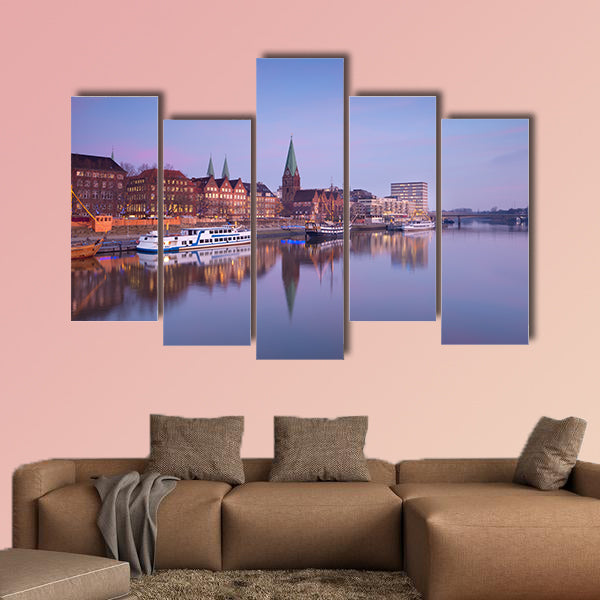 Bremen City by river at sunset, Germany multi panel canvas wall art