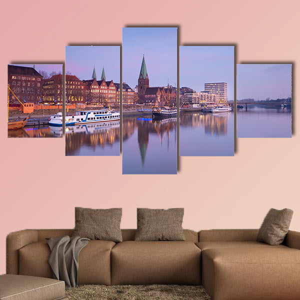 Bremen City by river at sunset, Germany multi panel canvas wall art