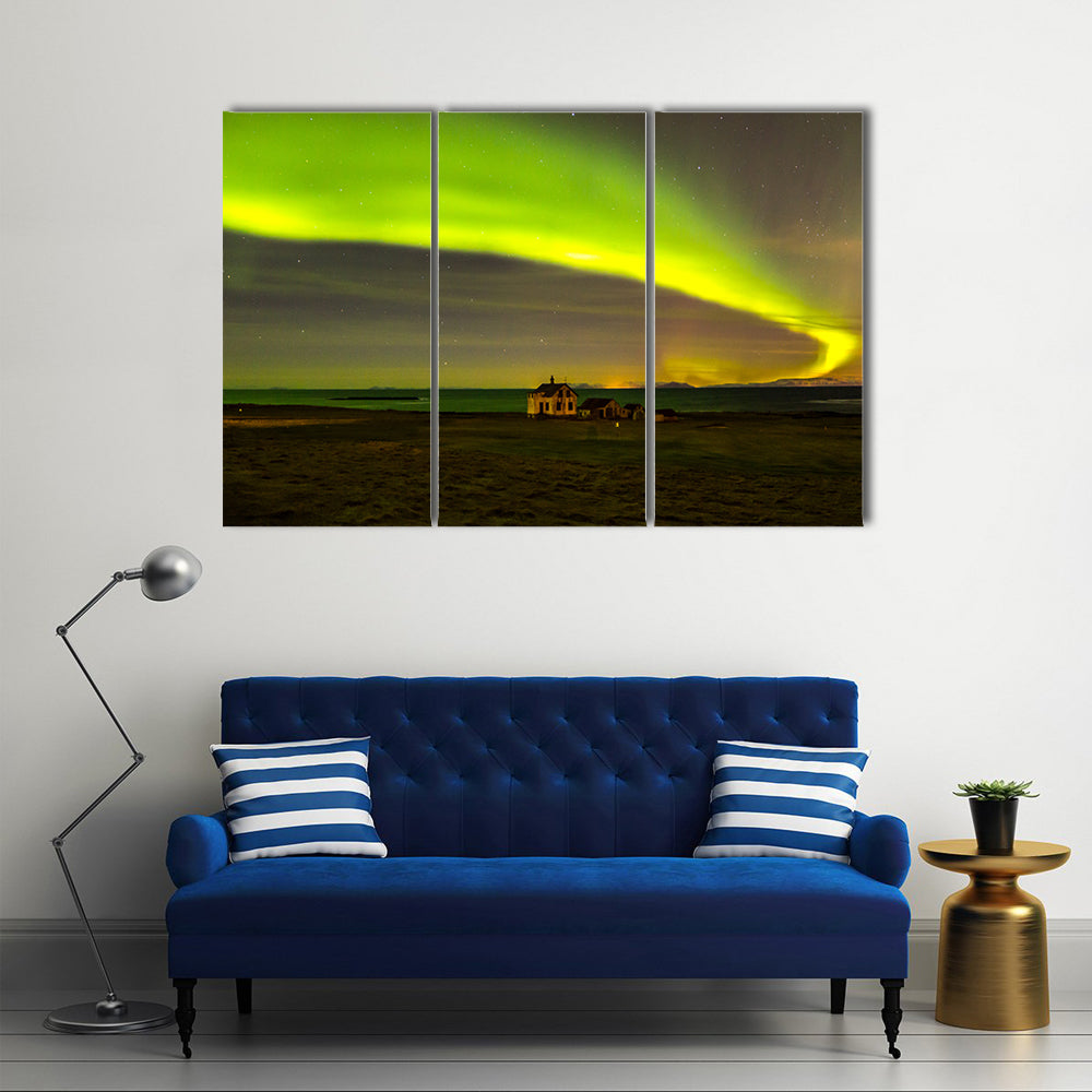 Northern lights above abandoned house in Iceland Multi Panel Canvas Wall Art