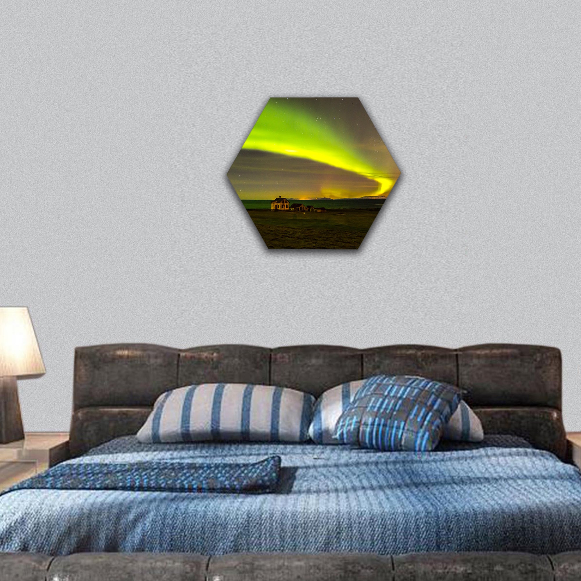 Northern lights above abandoned house hexagonal canvas wall art