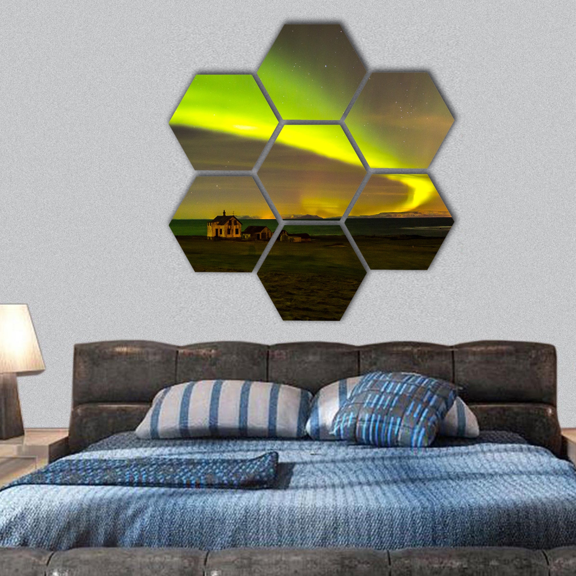 Northern lights above abandoned house hexagonal canvas wall art