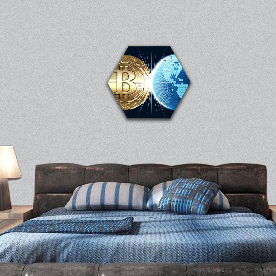 Cryptocurrency coin with digital world hexagonal canvas wall art