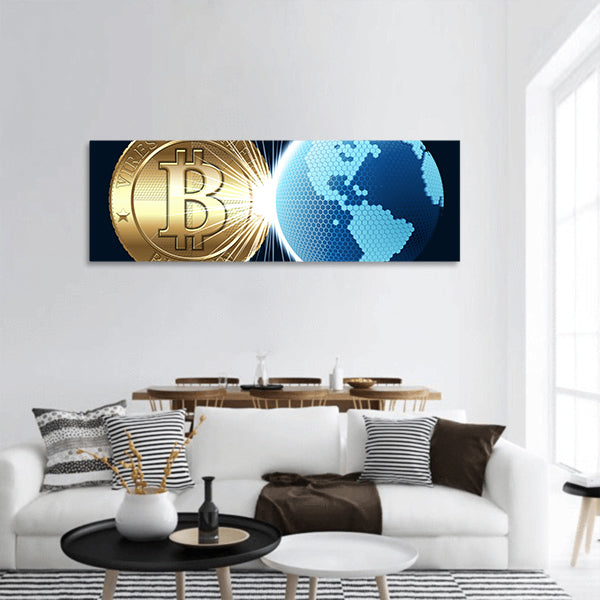 Cryptocurrency coin with digital world panoramic canvas wall art